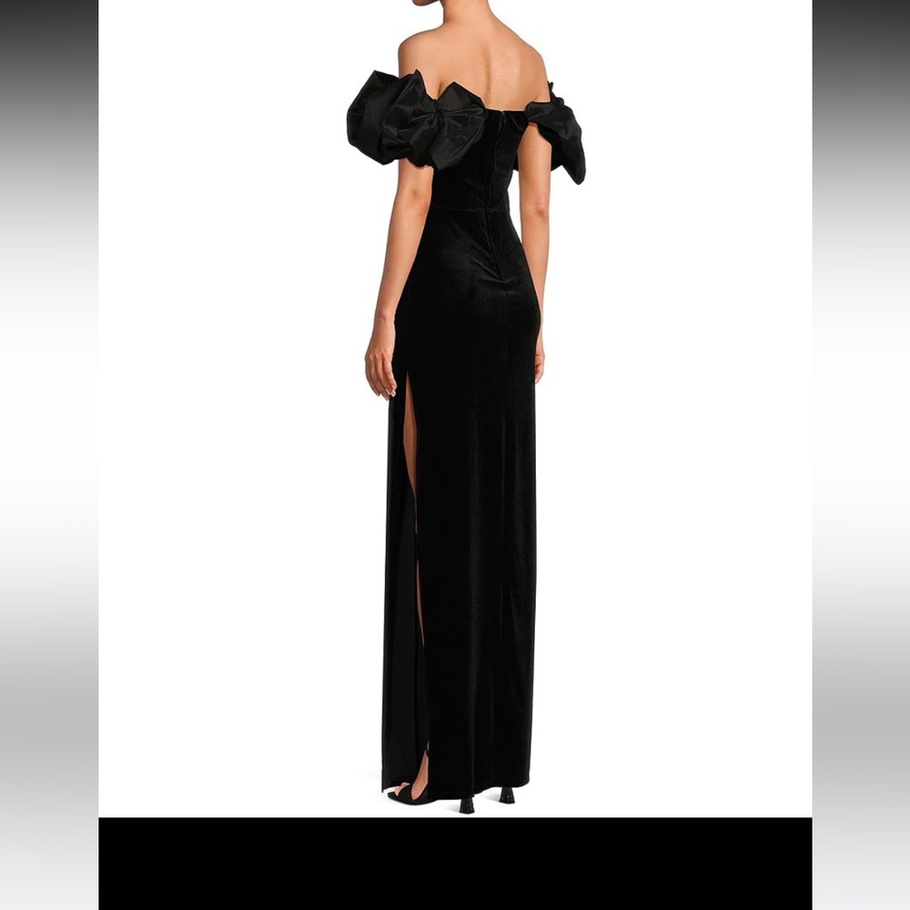 Dillards Taffeta Off-The-Shoulder Bow Trim Side Slit Long Dress